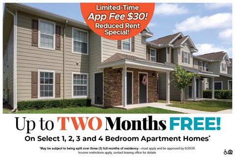 A promotional image for apartment homes offering up to two months free rent.