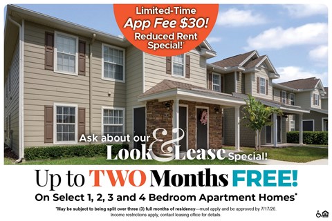 A housing advertisement offering a free look and lease special for up to two months on select apartment homes.