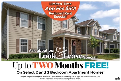 A housing advertisement offering a free look and lease special for up to two months on select 2 and 3 bedroom apartment homes.