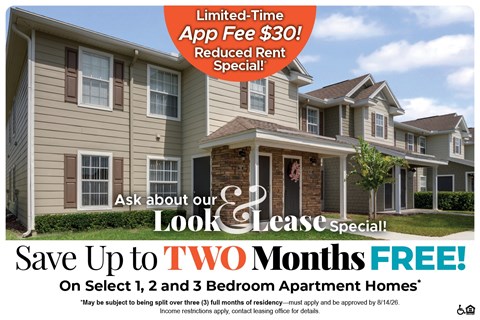 A housing advertisement offering a free two months lease on select apartment homes.