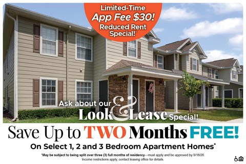 A promotional image for a limited-time app fee reduction and rent special on select apartment homes.