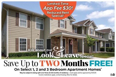 A promotional image for a lease special offering up to two months free on select 1, 2, and 3 bedroom apartment homes.