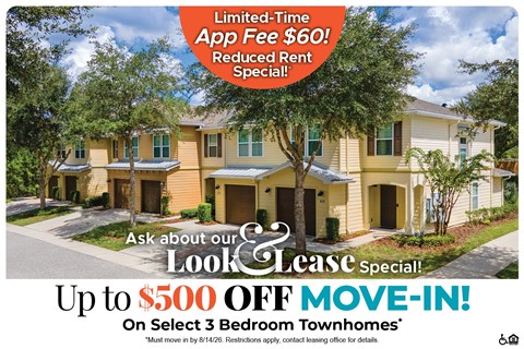 A real estate advertisement offering a $500 off move-in special for select 3 bedroom townhomes.
