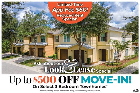 A real estate advertisement offering a $60 app fee reduction and up to $500 off move-in for select 3 bedroom townhomes.