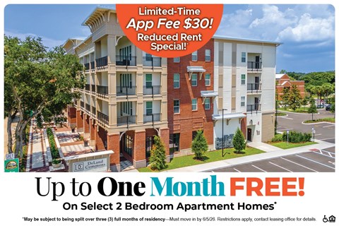 An apartment complex advertises a limited-time app fee of $30 and a reduced rent special.