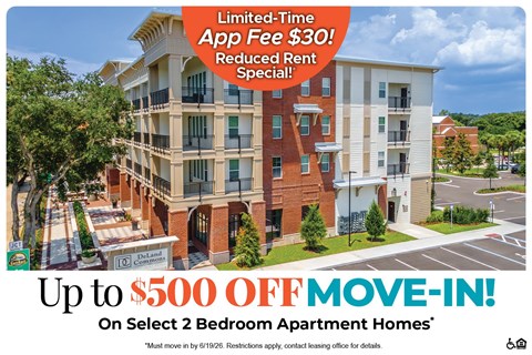 A building with a sign that says "Limited-Time App Fee $30! Reduced Rent Special!".