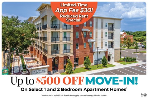 A large apartment complex advertises a limited-time app fee of $30 and a move-in special.
