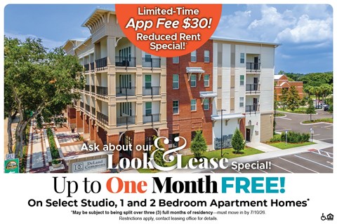 A large apartment complex advertises a limited-time app fee of $30 and a reduced rent special.