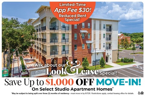 An advertisement for a limited-time app fee reduction and rent special for a studio apartment.