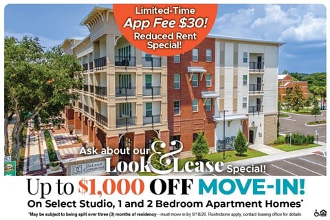 A building advertisement for a limited-time app fee reduction and a move-in special.