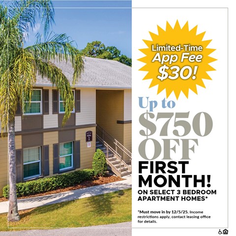 A building with a palm tree in front and an advertisement for a limited-time app fee of $30 and up to $750 off the first month on select 3 bedroom apartment homes.