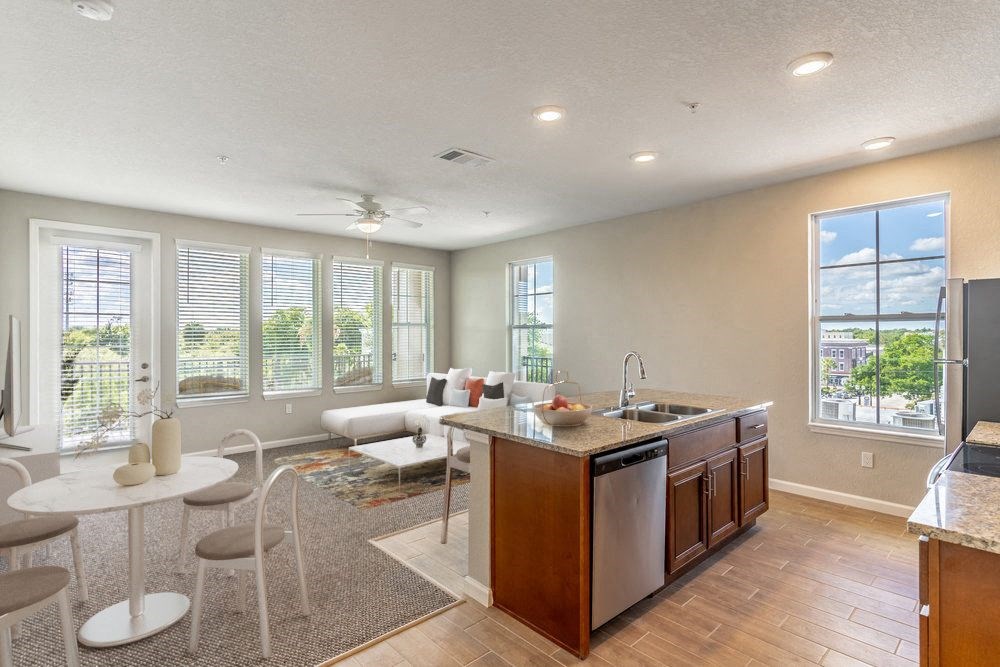a living room with a kitchen and a dining room