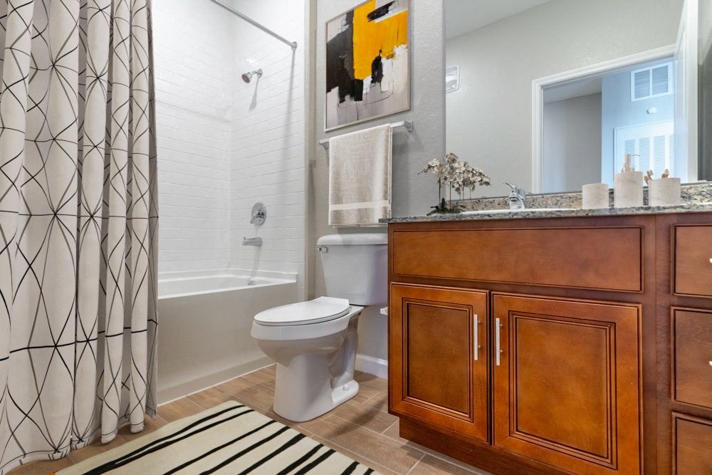 a bathroom with a shower curtain and a toilet and a sink