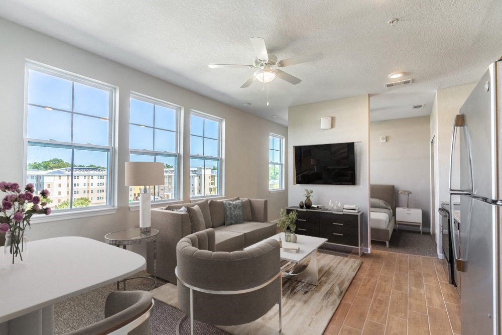 a living room with a couch and a table