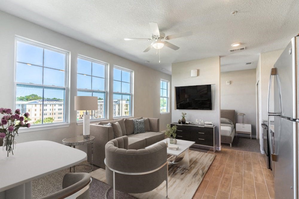 a living room with a couch and a table