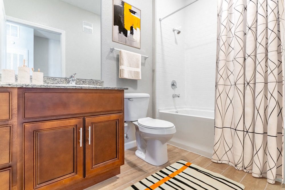 a bathroom with a shower curtain and a toilet
