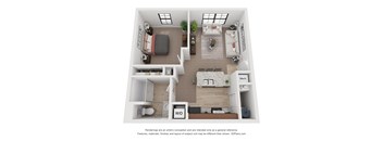 A 3D floor plan of a small apartment with a kitchen, living room, and bedroom.