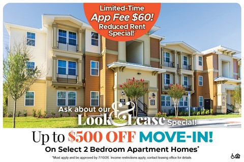 A promotional image for a lease special offering up to $500 off on select 2 bedroom apartment homes.