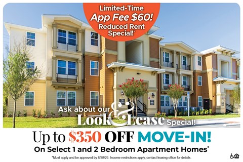 A promotional image for a lease special offering up to $350 off on select 1 and 2 bedroom apartment homes.