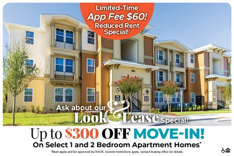 A real estate advertisement offering a limited-time app fee reduction and a move-in special for apartment homes.