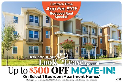 Up to $500 Off Move-In Costs on Select 1 Bedroom Apartment Homes* Ask About our Look and Lease Special!
