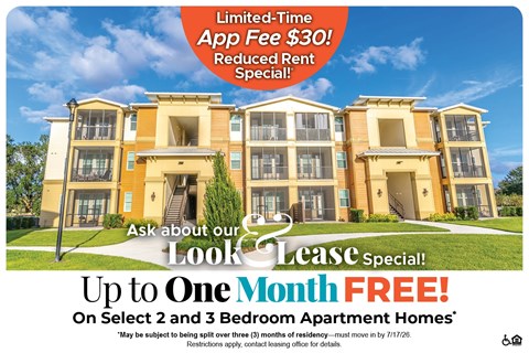 A promotional image for a lease special offering up to one month free on select 2 and 3 bedroom apartment homes.