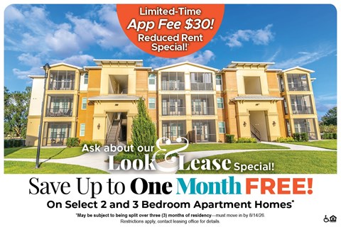 A promotional image for a lease special offering up to one month free on select 2 and 3 bedroom apartment homes.