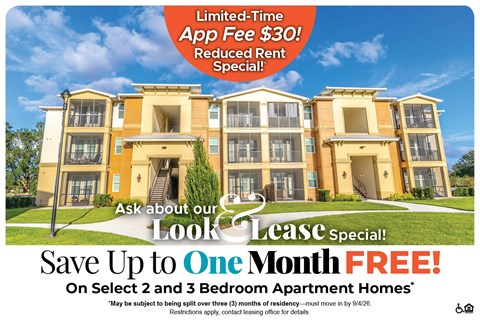 A promotional image for a lease special offering up to one month free on select 2 and 3 bedroom apartment homes.