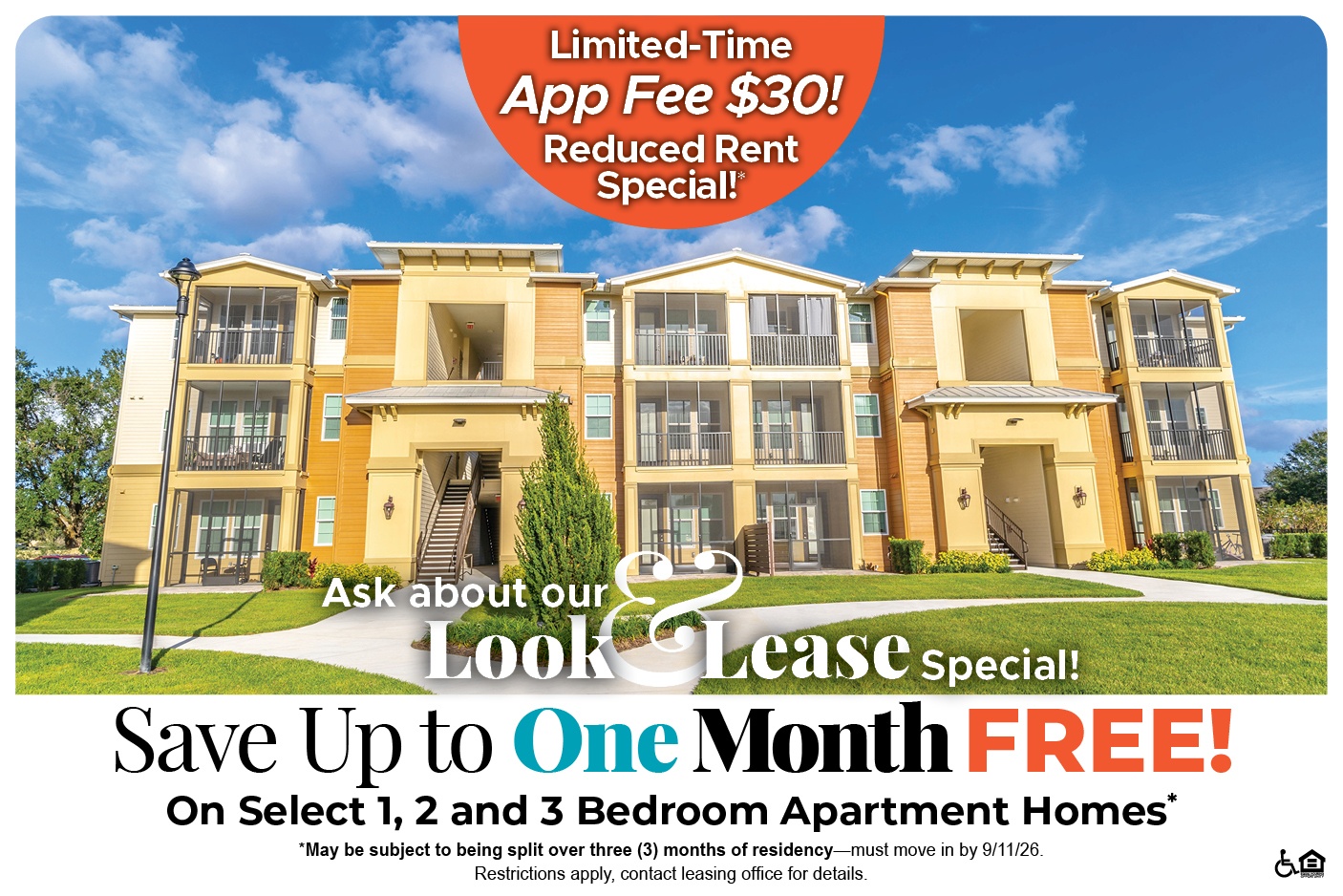 A promotional image for a lease special offering up to one month free on select apartment homes.
