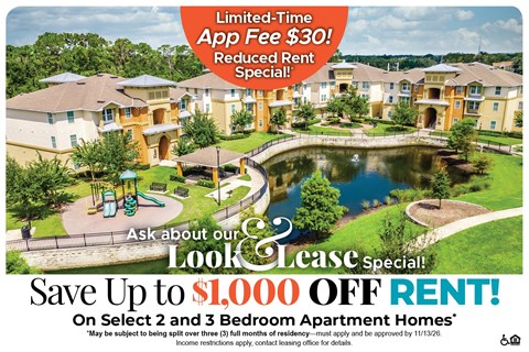 Save Up to $1,000 Off Rent on Select 2 and 3 Bedroom Apartment Homes* Ask About our Look and Lease Special!