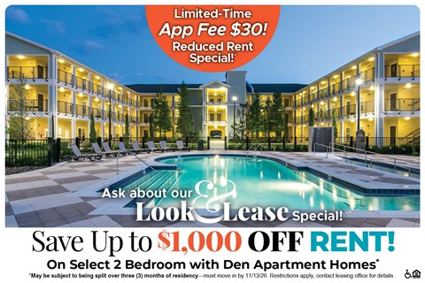 Save Up to $1,000 Off Rent on Select 2 Bedroom Apartment with Den Homes* Ask About our Look and Lease Special!