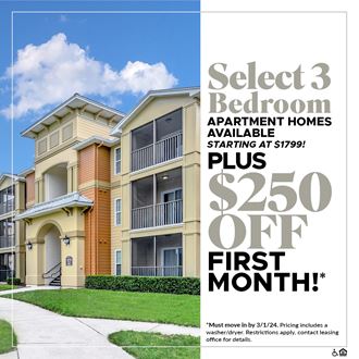 Select 3 Bedrooms Apartment Homes Available Starting at $1799! Plus $250 OFF First Month!