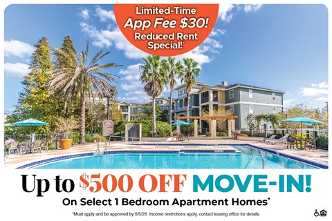 A large apartment complex with a pool advertises a limited-time app fee reduction and a move-in special.