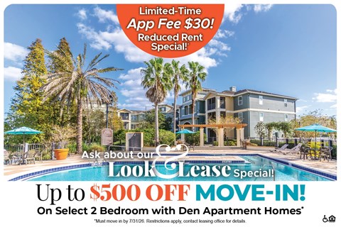 A promotional image for a leasing special offering up to $500 off on select 2 bedroom apartments with a move-in date of 7/31/26.