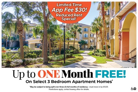 A promotional image for a limited-time app fee of $30 and a free one month on select 3 bedroom apartment homes.