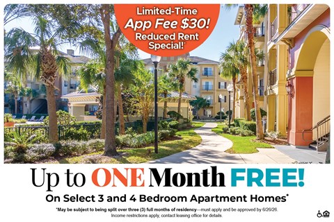 A promotional image for a limited-time app fee of $30 and a reduced rent special offering up to one month free on select 3 and 4 bedroom apartment homes.
