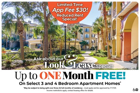 A promotional image for a Look Please Special offering a free month for select apartment homes.