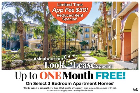 A promotional image for a Look Please Special offering a free month for select 3 bedroom apartment homes.