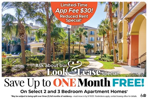 A promotional image for a lease special offering up to one month free on select 2 and 3 bedroom apartment homes.