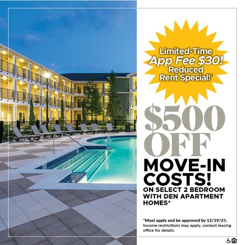 A promotional image for a $500 off move-in costs deal for select 2 bedroom apartments with Den Homes.