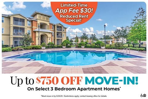 A large apartment complex with a pool advertises a limited-time app fee reduction and a move-in special.