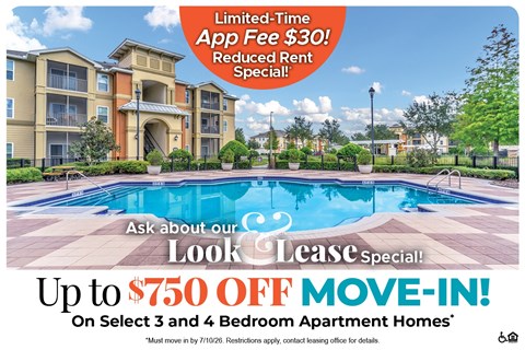 A promotional image for a lease special offering up to $750 off on select apartment homes.