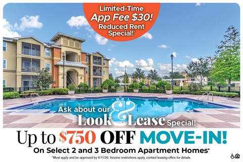 A promotional image for a lease special offering up to $750 off on select 2 and 3 bedroom apartment homes.