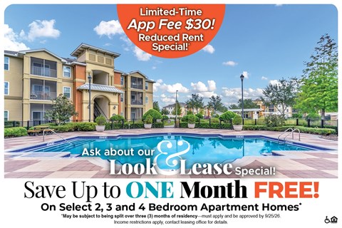 A promotional image for a lease special offering a free month on select apartment homes.