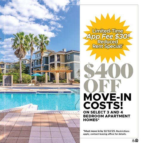 A poolside image advertising a $400 off move-in cost for select apartment homes.