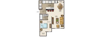 a floor plan of a room with furniture and a bathroom