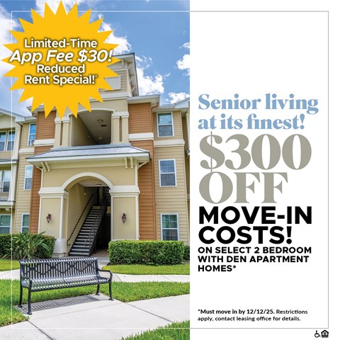 A promotional image for senior living with a $300 off move-in cost offer.