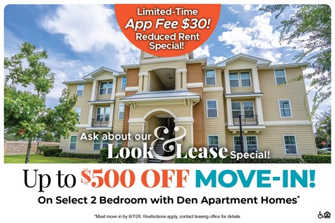 A large two-story apartment building with a sign offering a limited-time app fee and reduced rent special.