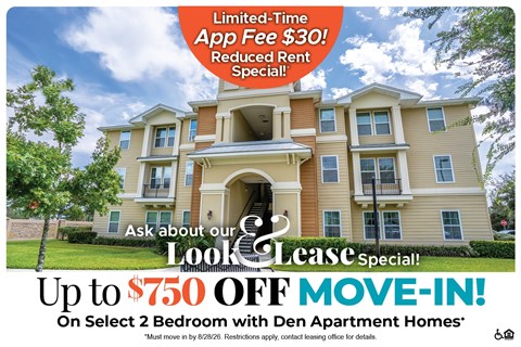 A large two-story apartment building with a special lease offer.