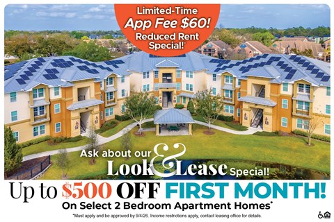 A promotional image for a lease special offering up to $500 off the first month on select 2 bedroom apartment homes.